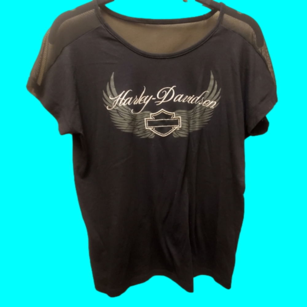 Ladies / Womens size M cap sleeve black Harley-Davidson  top sheer on top back